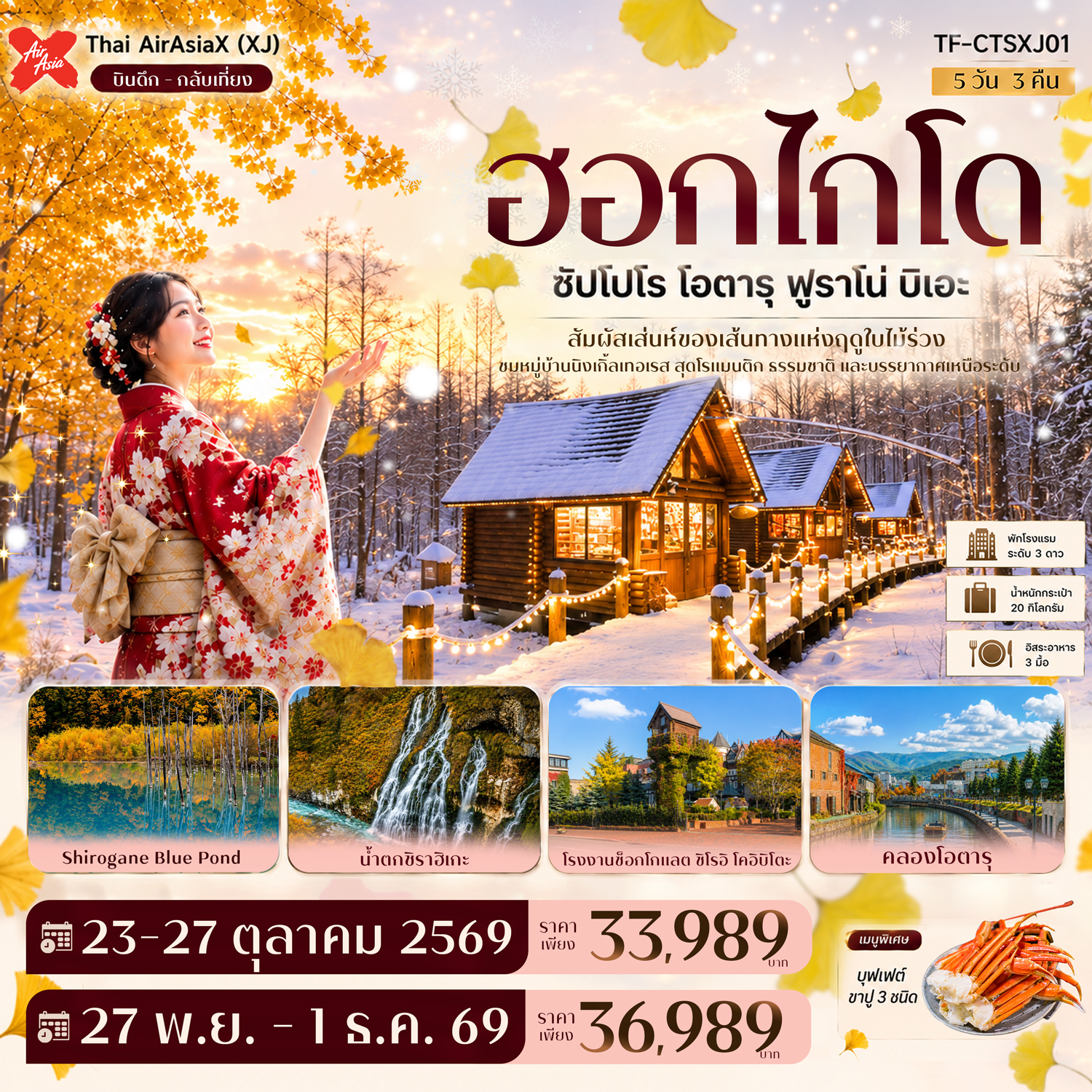 TF-CTSXJ01 ฮอกไกโด ซัปโปโร โอตารุ ฟูราโน่ บิเอะ บ่อน้ำสีฟ้า นิงเกิ้ลเทอเรส GINKGO AVENUE 5วัน 3คืน Thai AirAsiaX (XJ)