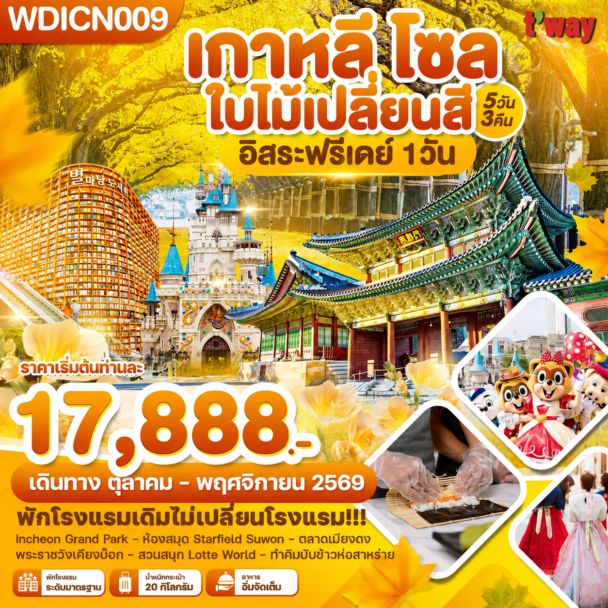 เกาหลี โซล ใบไม้เปลี่ยนสี อิสระฟรีเดย์ 1วัน 5วัน3คืน บิน TW