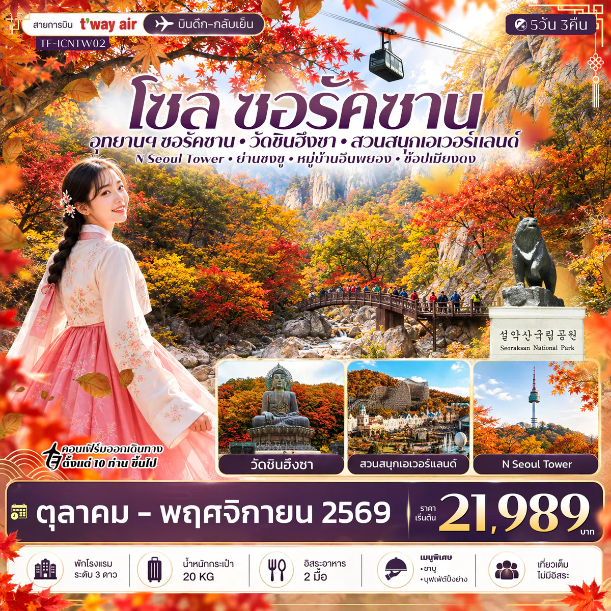 TF-ICNTW02 เกาหลี โซล ซอรัคซาน สวนสนุกเอเวอร์แลนด์ 5วัน 3คืน บิน T’way Air (TW)